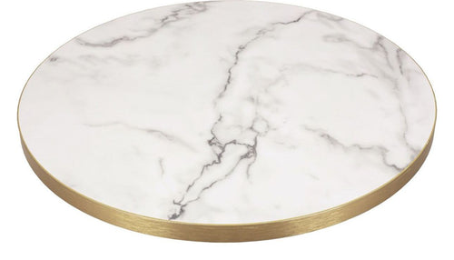 25mm High Gloss Laminate Table Top with Gold Edge, Calacatta marble, 700 mm round