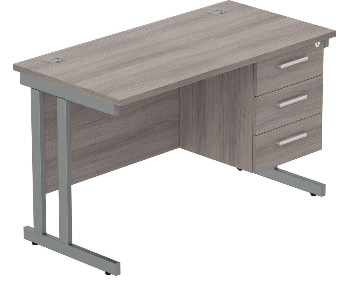 Core Double Upright Desk with 3 Drawer Fixed Pedestal in Alaskan Grey Oak