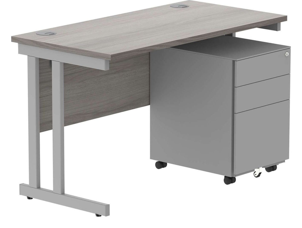 Core Double Upright Desk with 3 Drawer Steel Pedestal in Alaskan Grey Oak