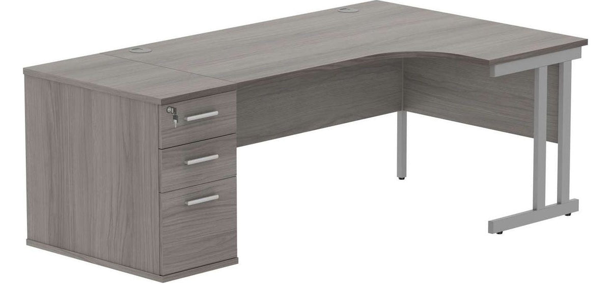 Core Double Upright Radial Desk with 800mm Deep Desk High Pedestal (Right hand) in Alaskan Grey Oak