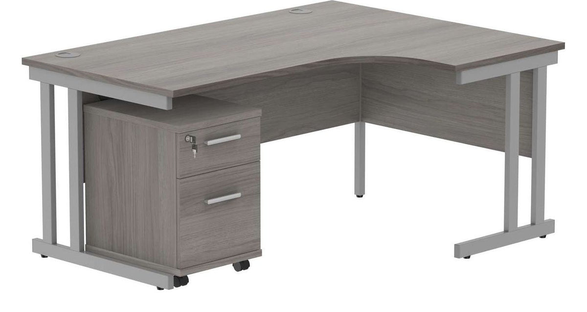 Core Double Upright Radial Desk with 2 Drawer Mobile Pedestal (Right hand) in Alaskan Grey Oak