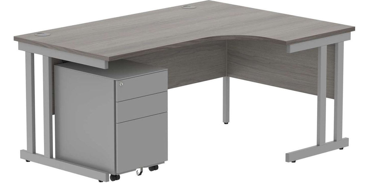 Core Double Upright Radial Desk with 3 Drawer Steel Pedestal (Right hand) in Alaskan Grey Oak