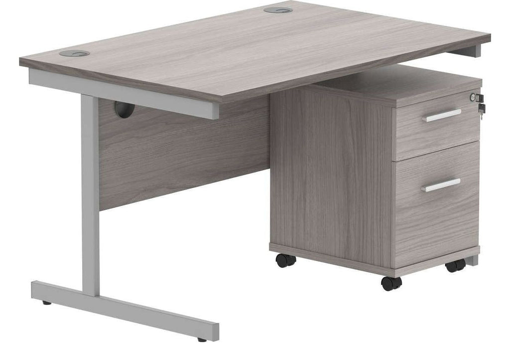 Core Single Upright Desk with 2 Drawer Mobile Pedestal in Alaskan Grey Oak