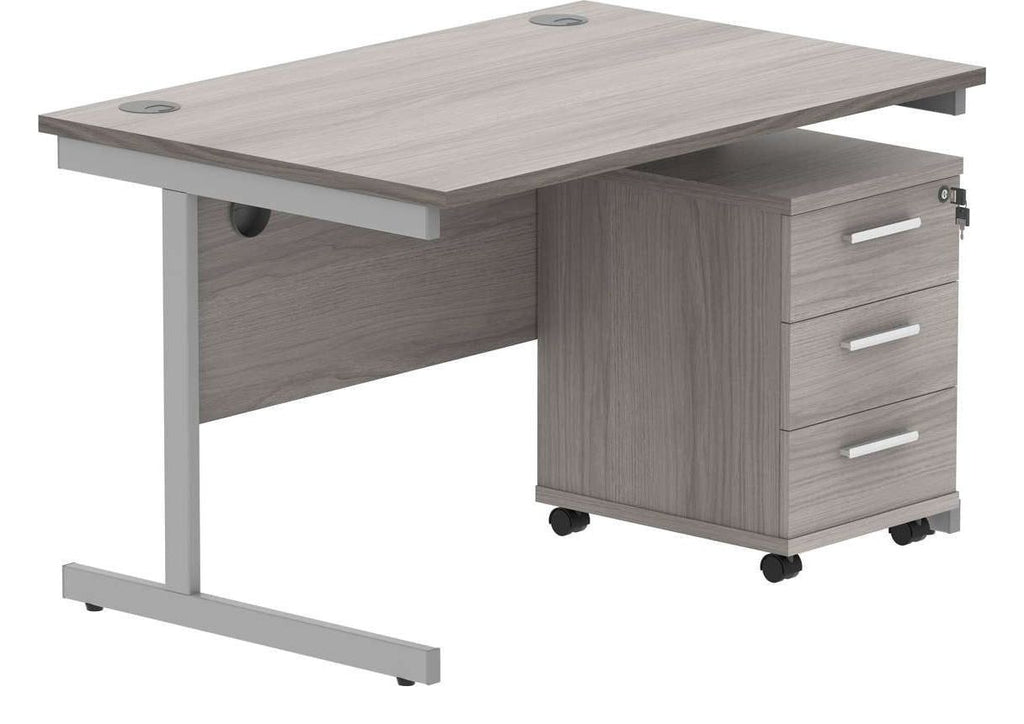 Core Single Upright Desk with 3 Drawer Mobile Pedestal in Alaskan Grey Oak