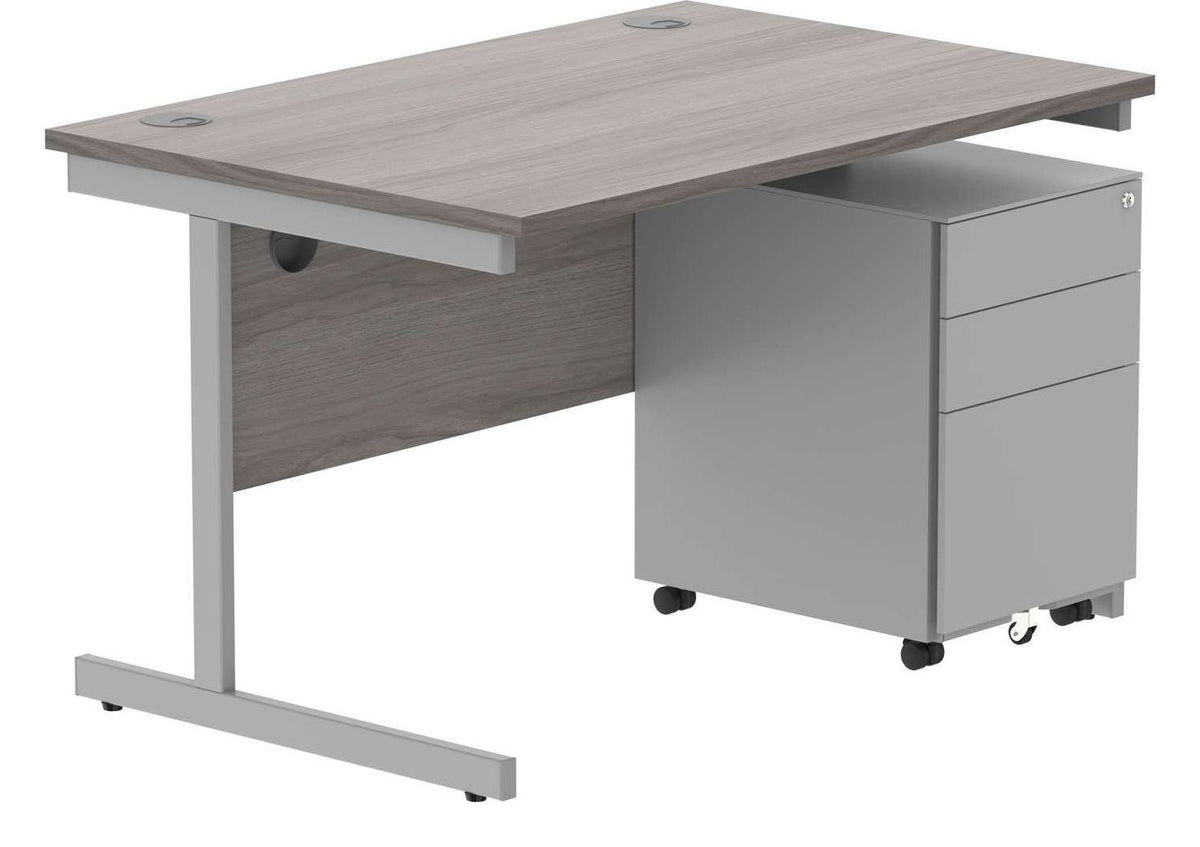 Core Single Upright Desk with 3 Drawer Steel Pedestal in Alaskan Grey Oak