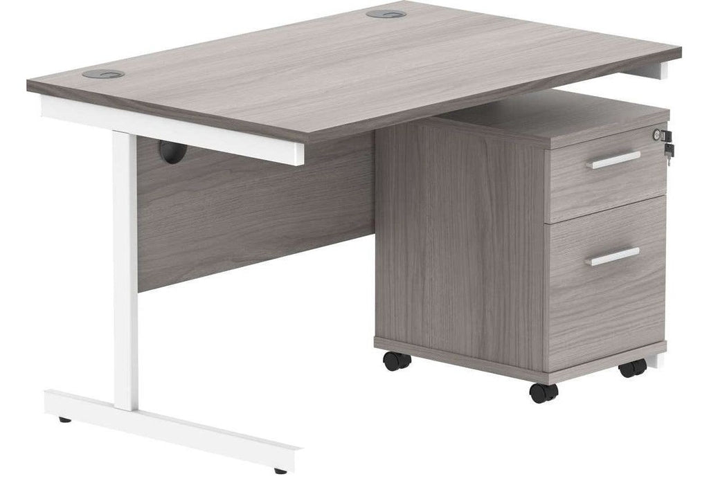 Core Single Upright Desk with 2 Drawer Mobile Pedestal in Alaskan Grey Oak