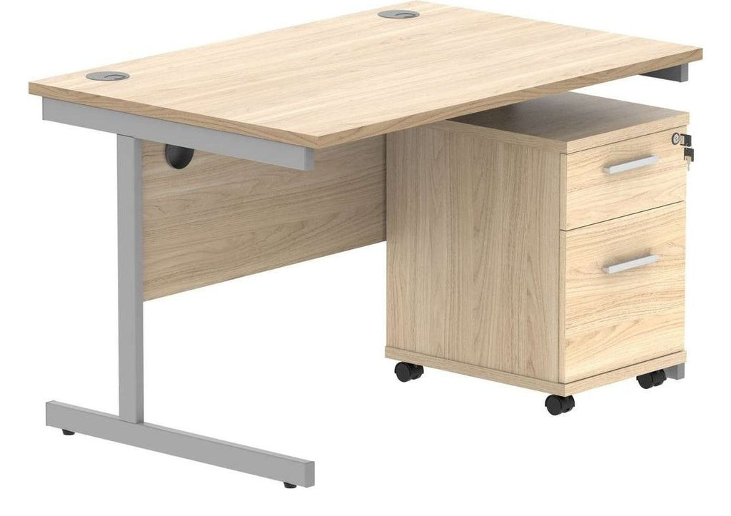 Core Single Upright Desk with 2 Drawer Mobile Pedestal in Canadian Oak