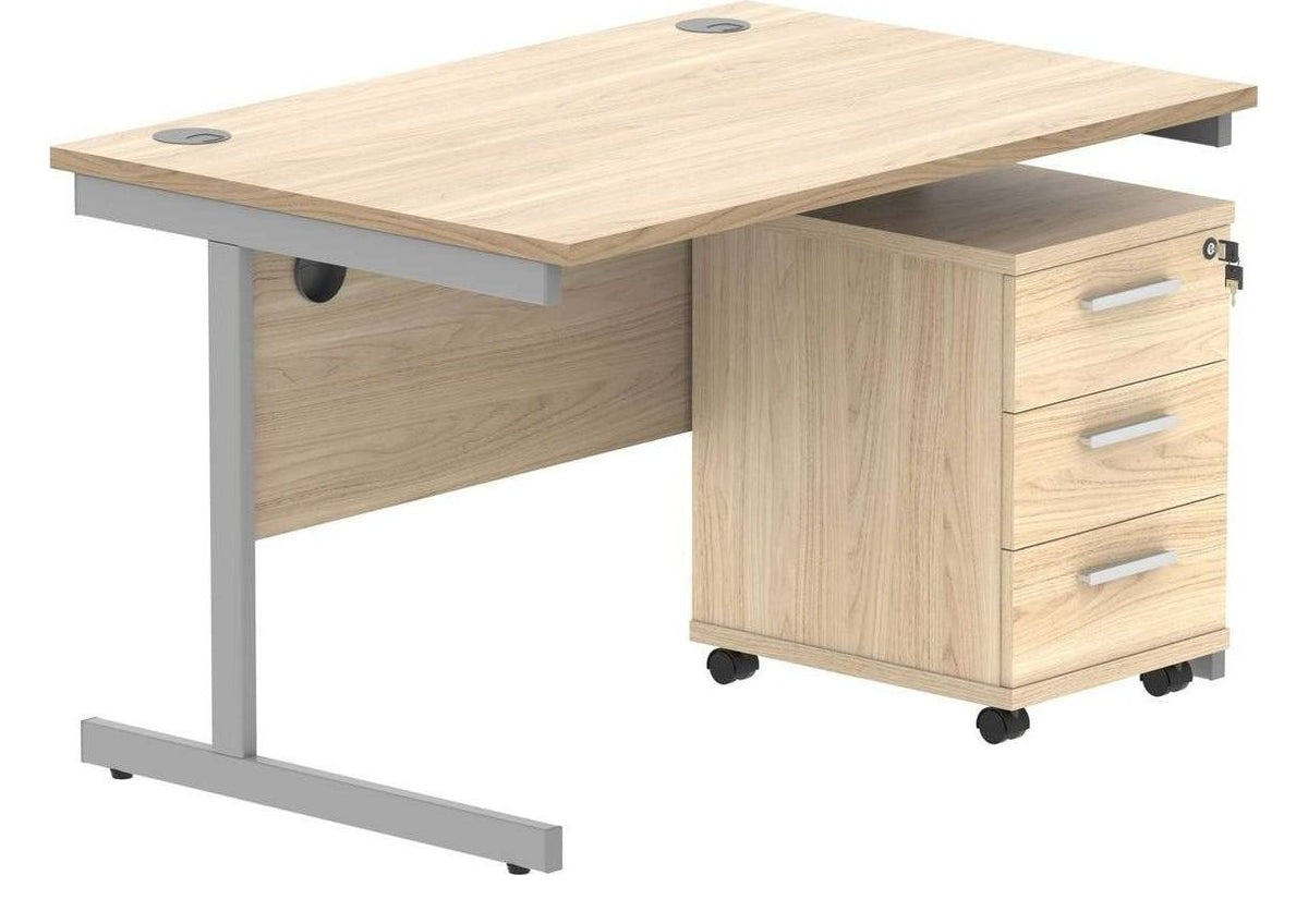 Core Single Upright Desk with 3 Drawer Mobile Pedestal in Canadian Oak