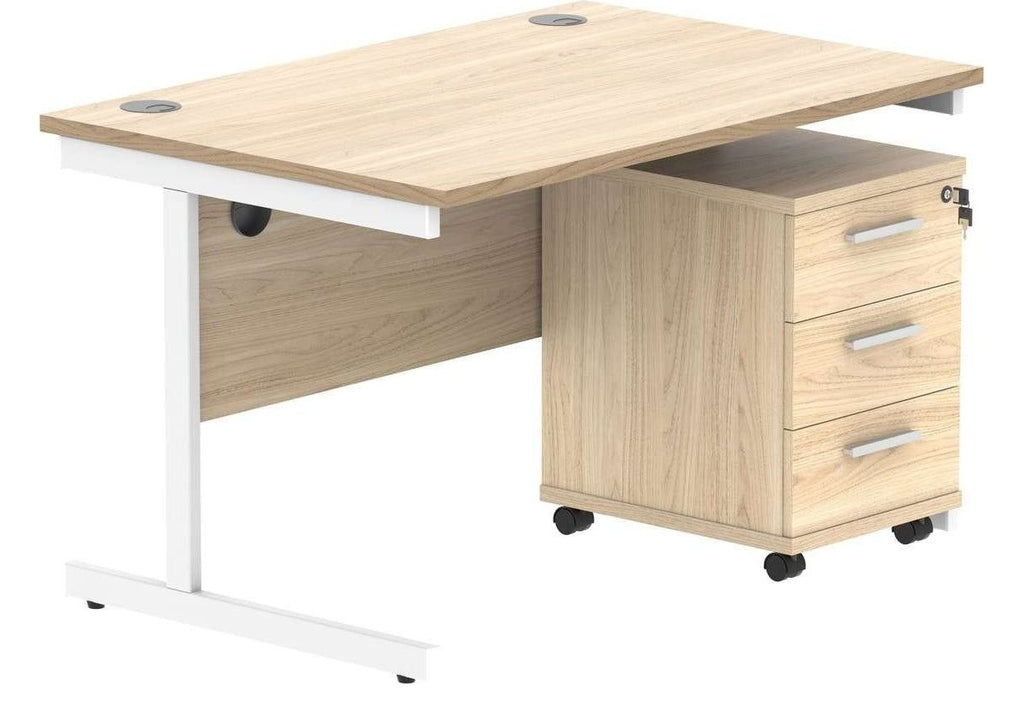 Core Single Upright Desk with 3 Drawer Mobile Pedestal in Canadian Oak