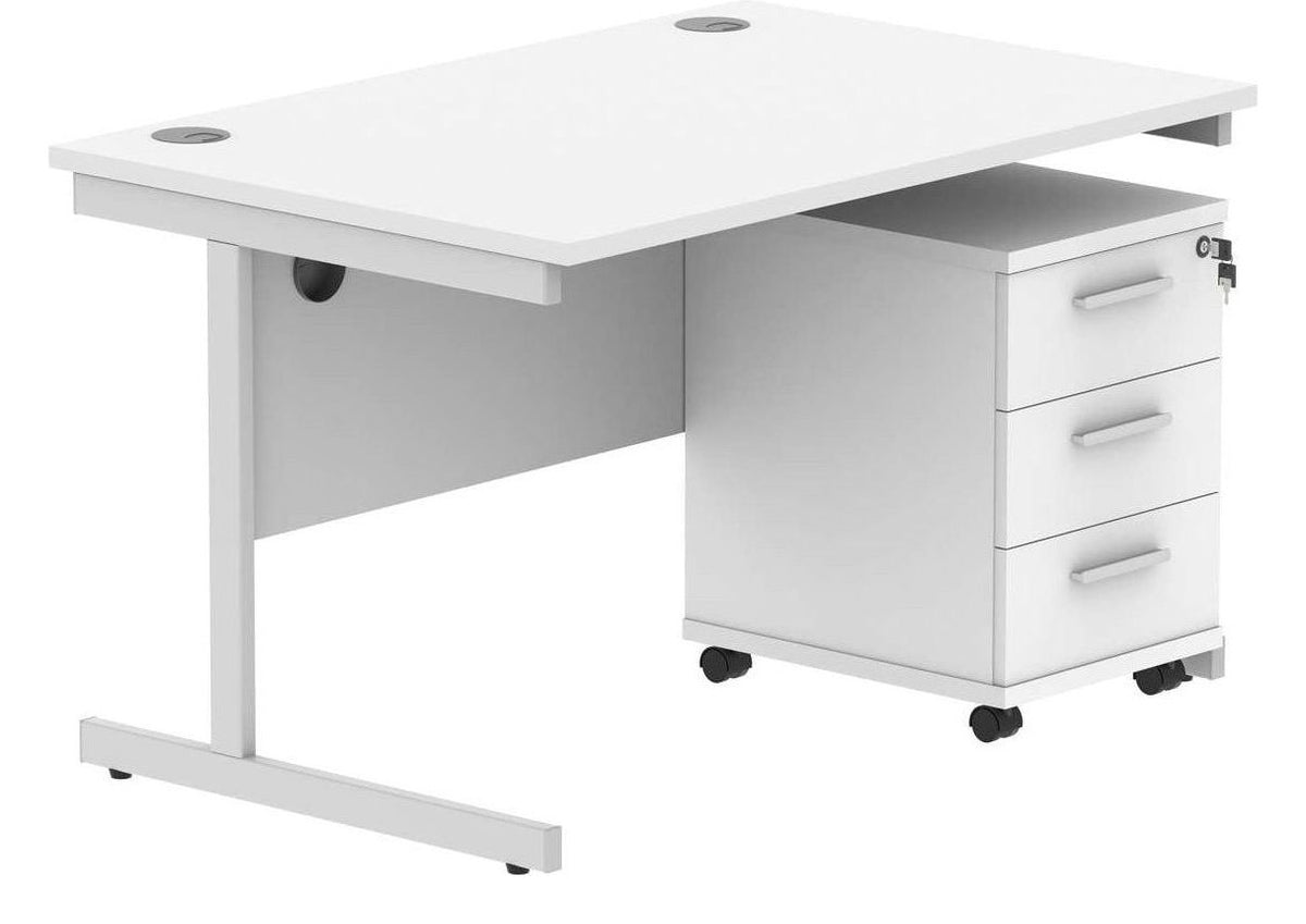 Core Single Upright Desk with 3 Drawer Mobile Pedestal in Arctic White