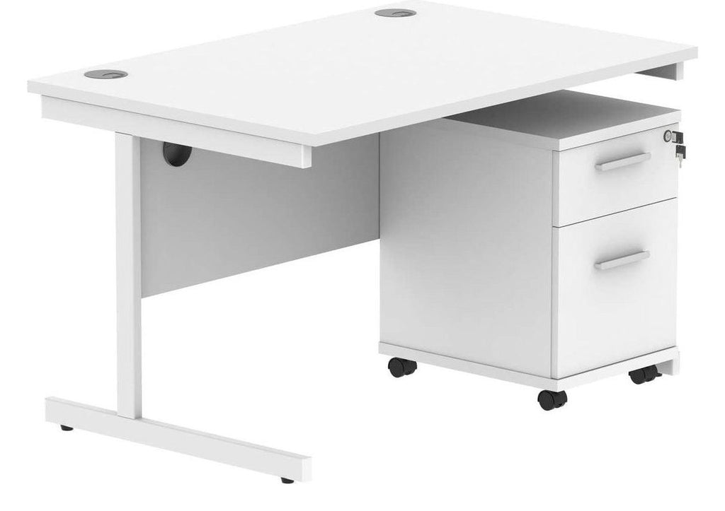 Core Single Upright Desk with 2 Drawer Mobile Pedestal in Arctic White