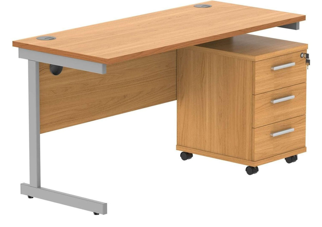 Core Single Upright Desk with 3 Drawer Mobile Pedestal in Norwegian Beech