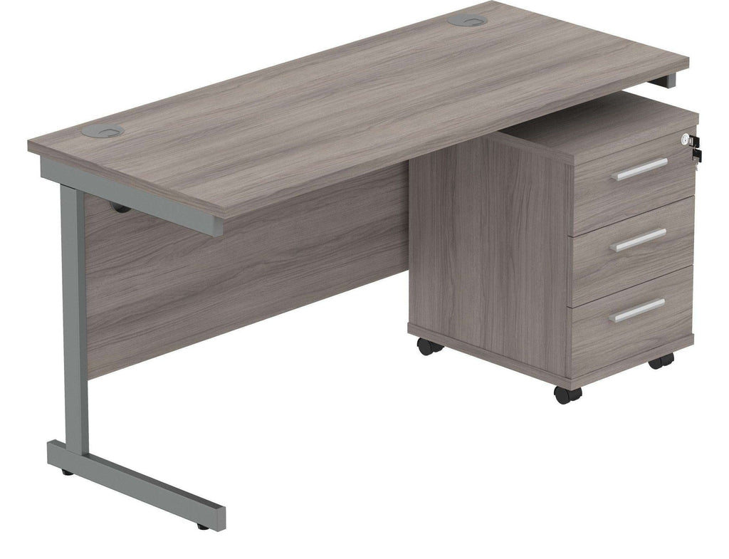 Core Single Upright Desk with 3 Drawer Mobile Pedestal in Alaskan Grey Oak