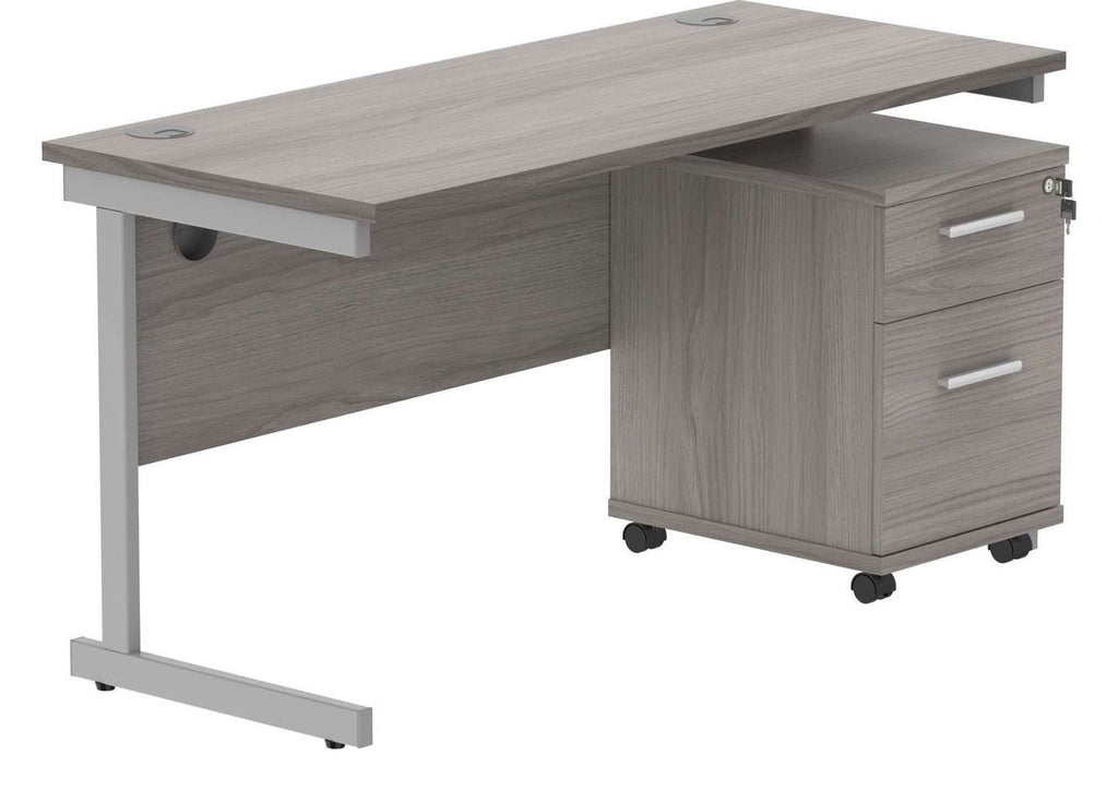 Core Single Upright Desk with 2 Drawer Mobile Pedestal in Alaskan Grey Oak