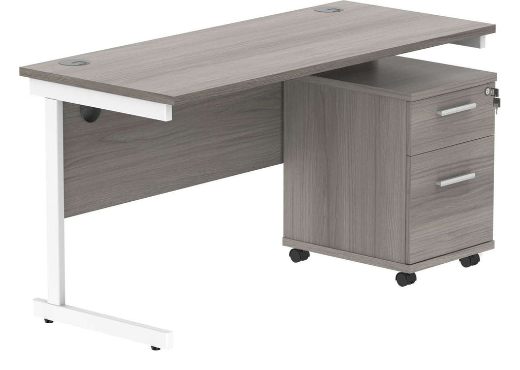 Core Single Upright Desk with 2 Drawer Mobile Pedestal in Alaskan Grey Oak