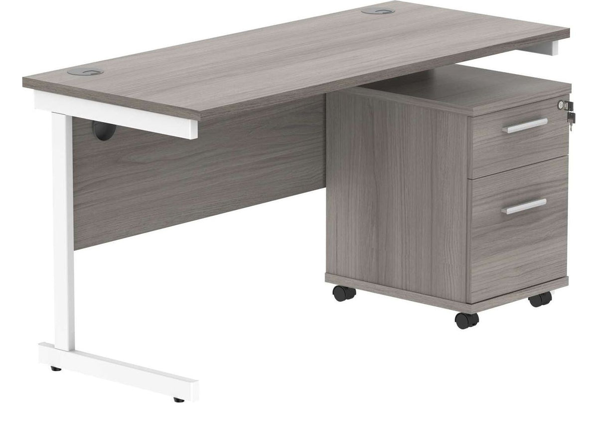 Core Single Upright Desk with 2 Drawer Mobile Pedestal in Alaskan Grey Oak
