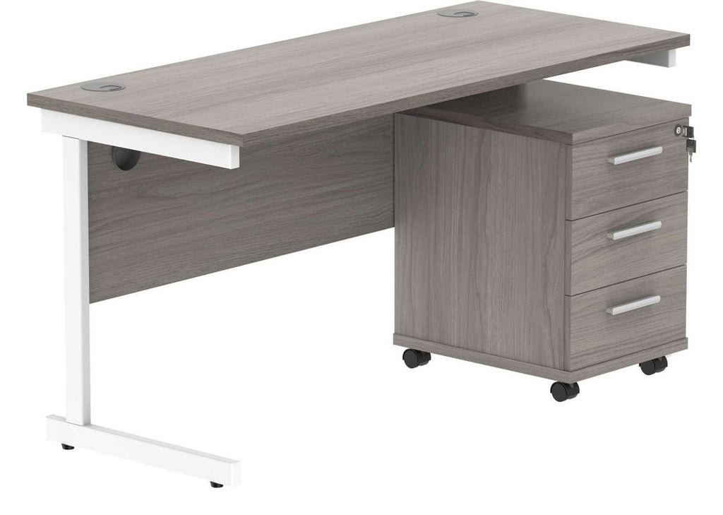 Core Single Upright Desk with 3 Drawer Mobile Pedestal in Alaskan Grey Oak