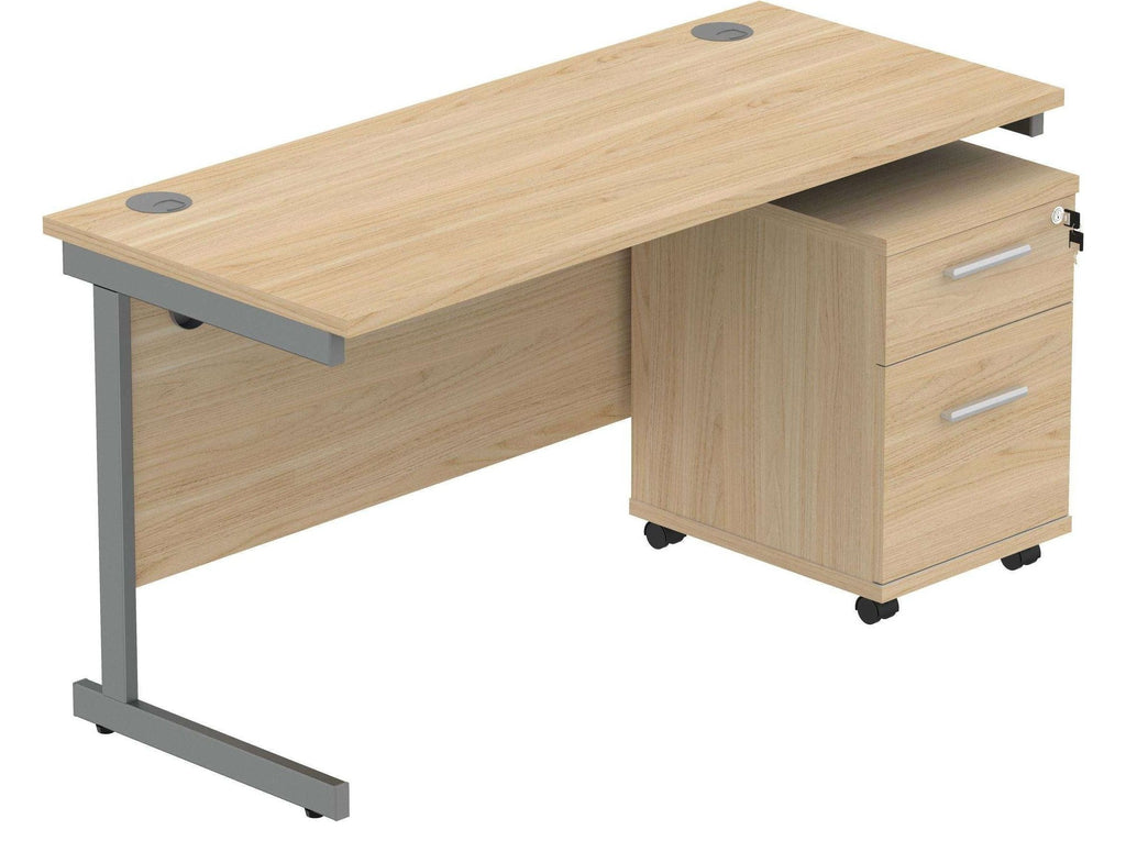 Core Single Upright Desk with 2 Drawer Mobile Pedestal in Canadian Oak