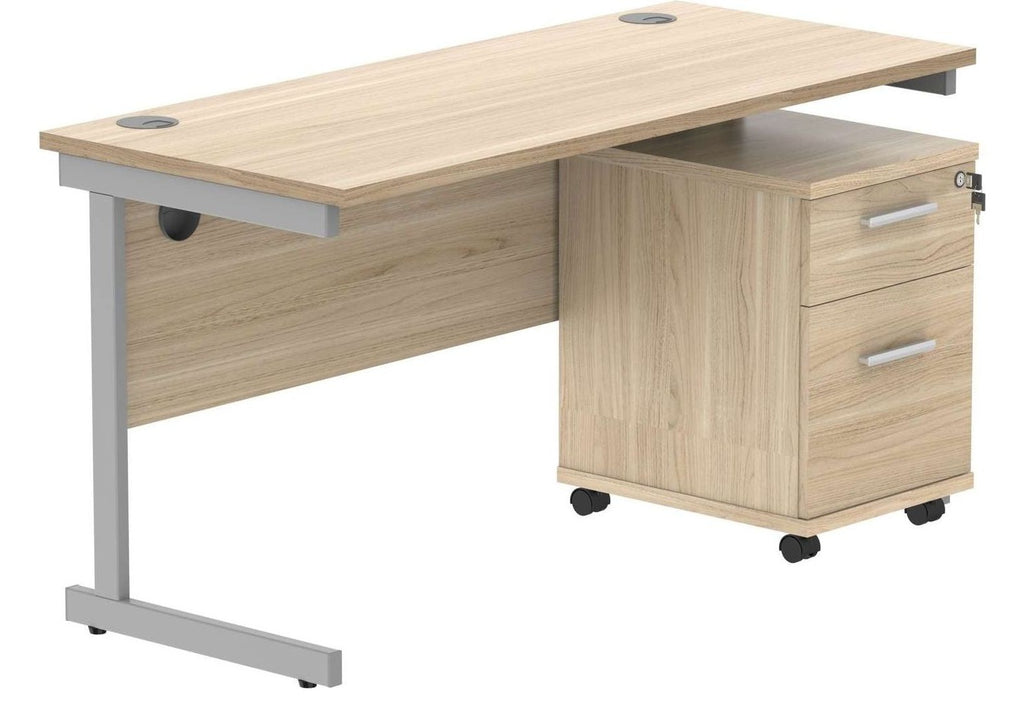 Core Single Upright Desk with 2 Drawer Mobile Pedestal in Canadian Oak