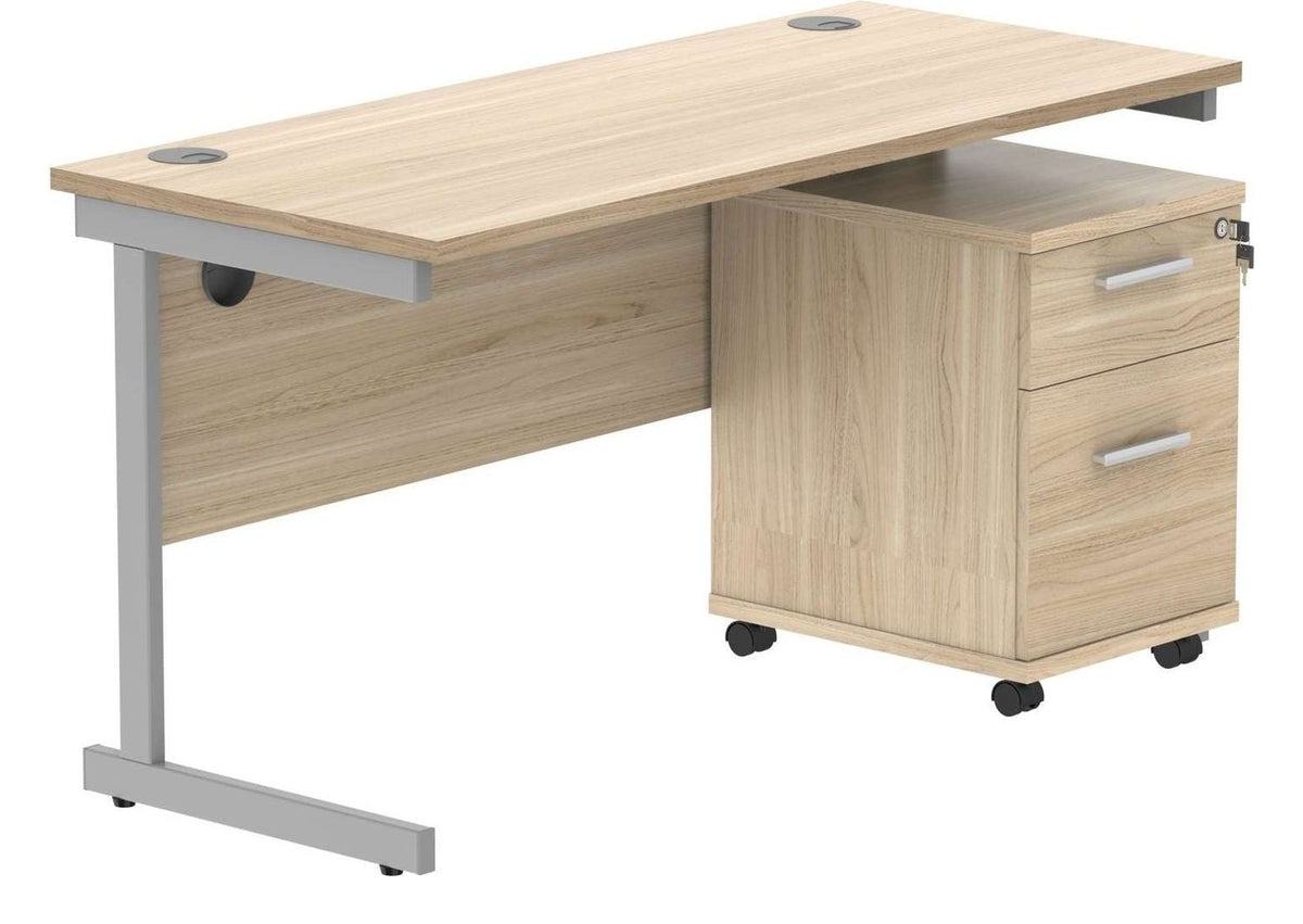 Core Single Upright Desk with 2 Drawer Mobile Pedestal in Canadian Oak