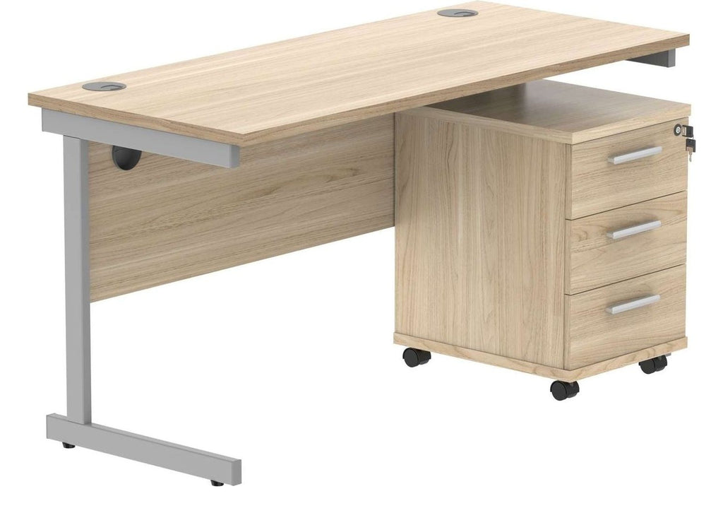Core Single Upright Desk with 3 Drawer Mobile Pedestal in Canadian Oak