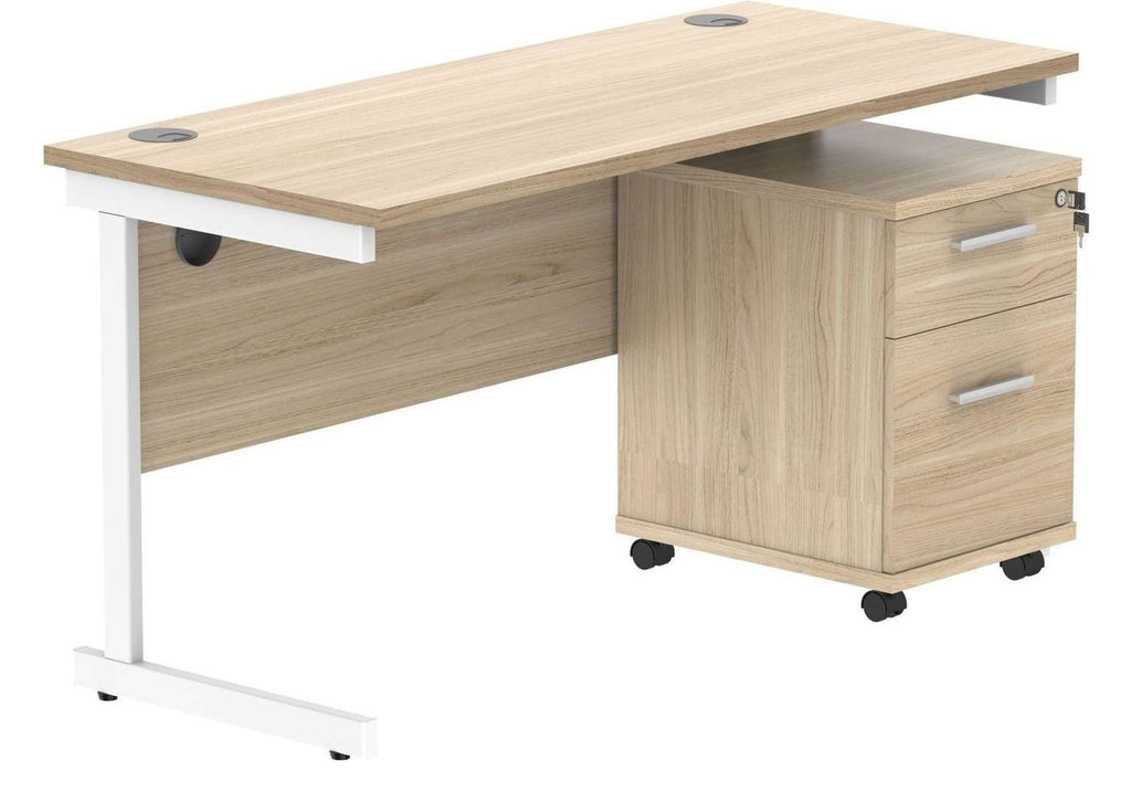 Core Single Upright Desk with 2 Drawer Mobile Pedestal in Canadian Oak