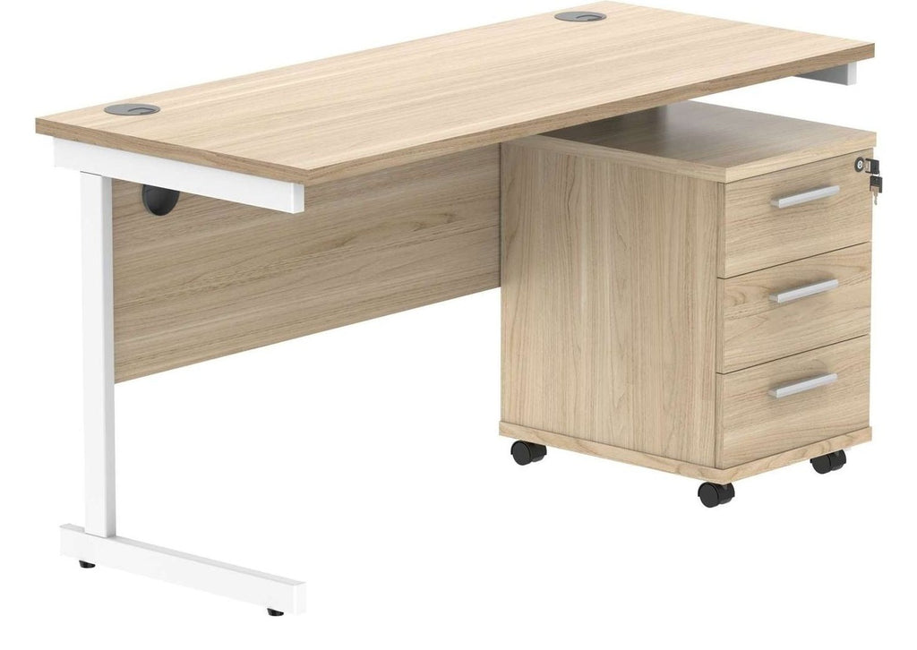 Core Single Upright Desk with 3 Drawer Mobile Pedestal in Canadian Oak