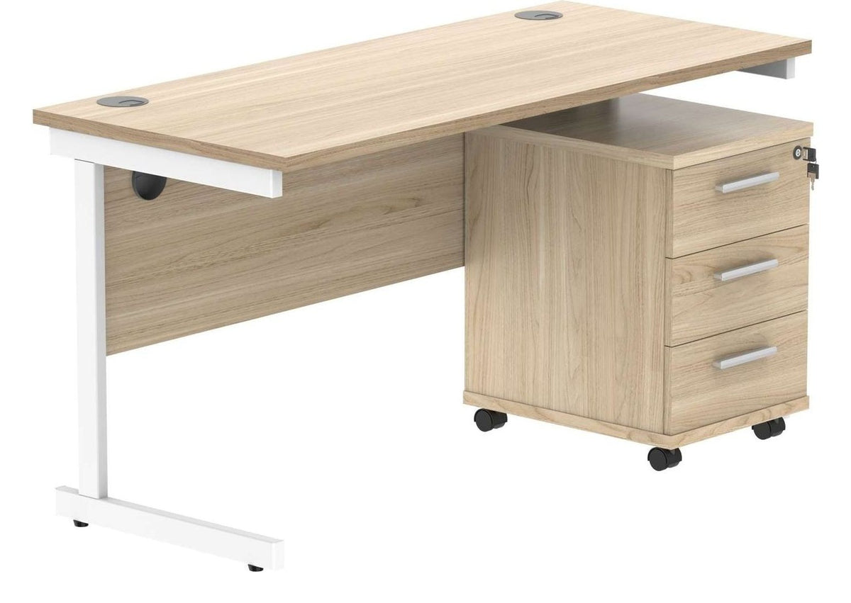 Core Single Upright Desk with 3 Drawer Mobile Pedestal in Canadian Oak