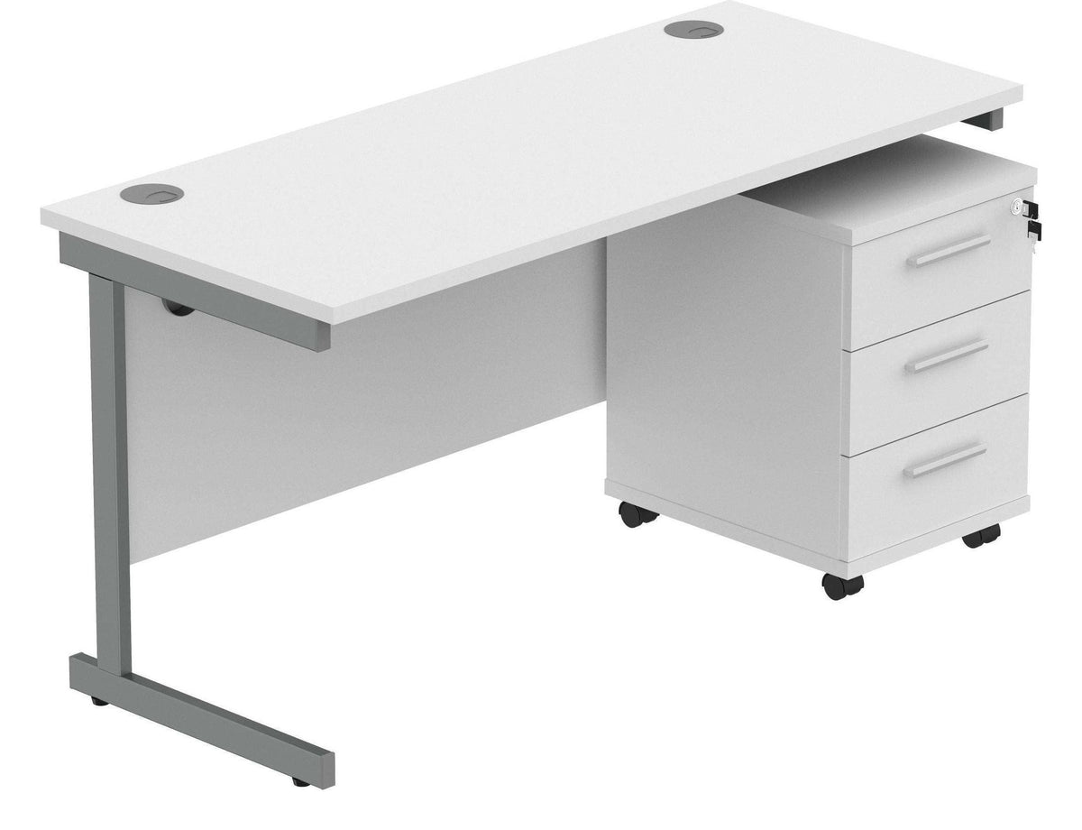 Core Single Upright Desk with 3 Drawer Mobile Pedestal in Arctic White