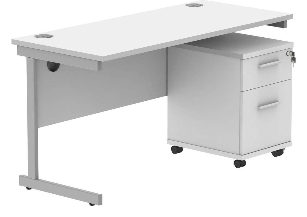 Core Single Upright Desk with 2 Drawer Mobile Pedestal in Arctic White