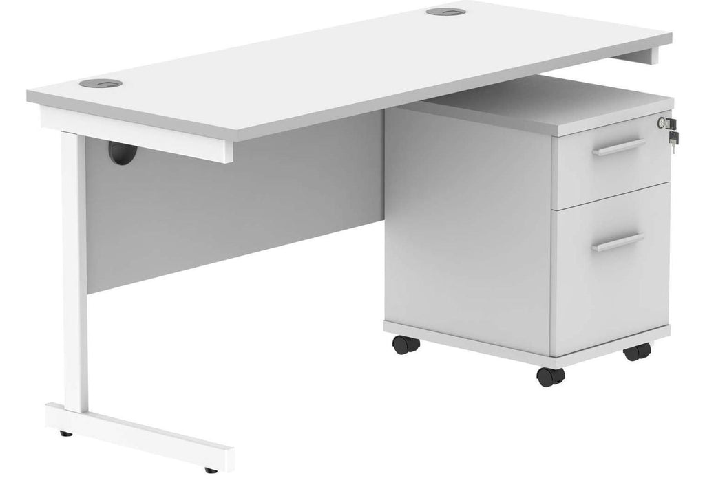 Core Single Upright Desk with 2 Drawer Mobile Pedestal in Arctic White