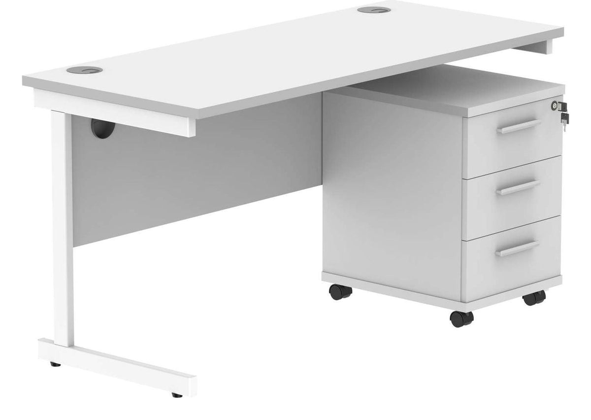 Core Single Upright Desk with 3 Drawer Mobile Pedestal in Arctic White