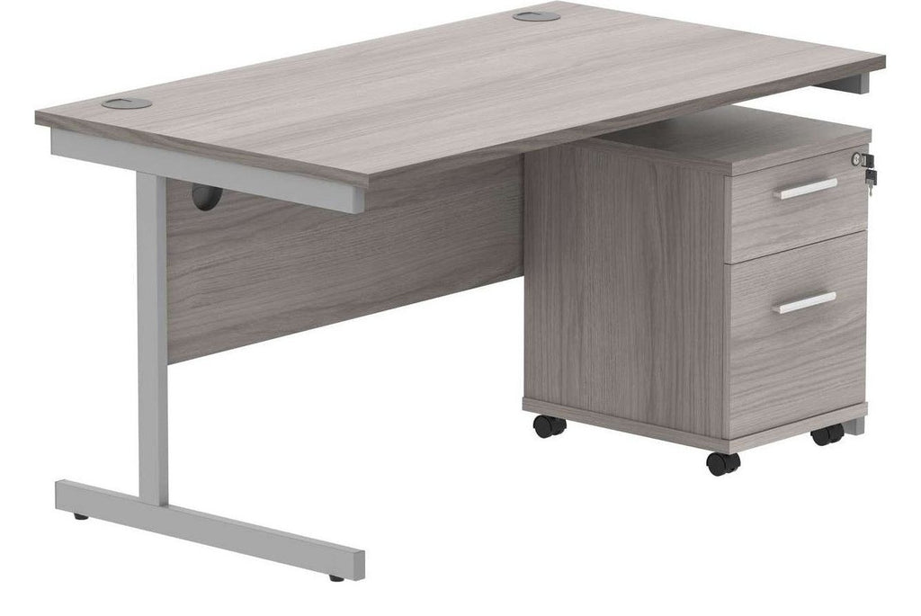Core Single Upright Desk with 2 Drawer Mobile Pedestal in Alaskan Grey Oak