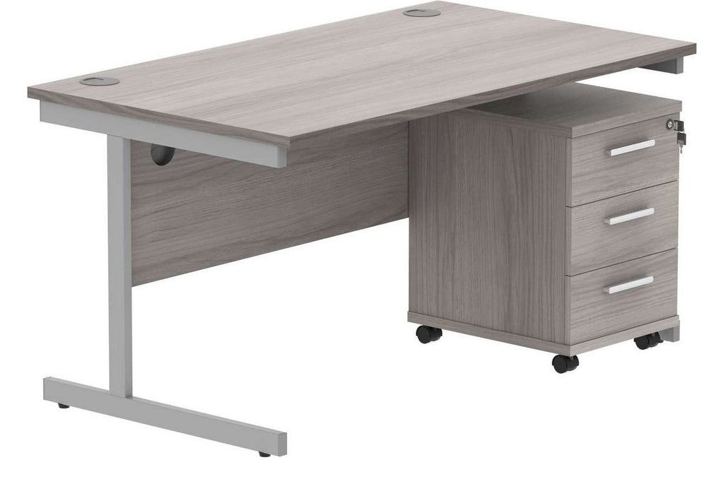 Core Single Upright Desk with 3 Drawer Mobile Pedestal in Alaskan Grey Oak