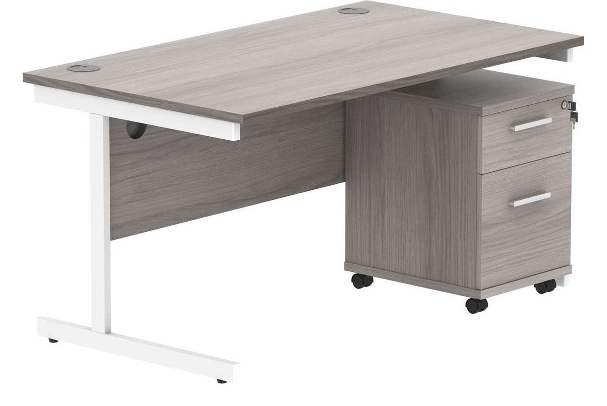 Core Single Upright Desk with 2 Drawer Mobile Pedestal in Alaskan Grey Oak