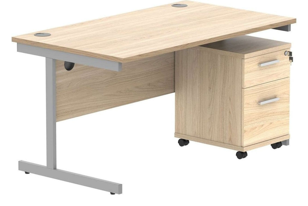 Core Single Upright Desk with 2 Drawer Mobile Pedestal in Canadian Oak
