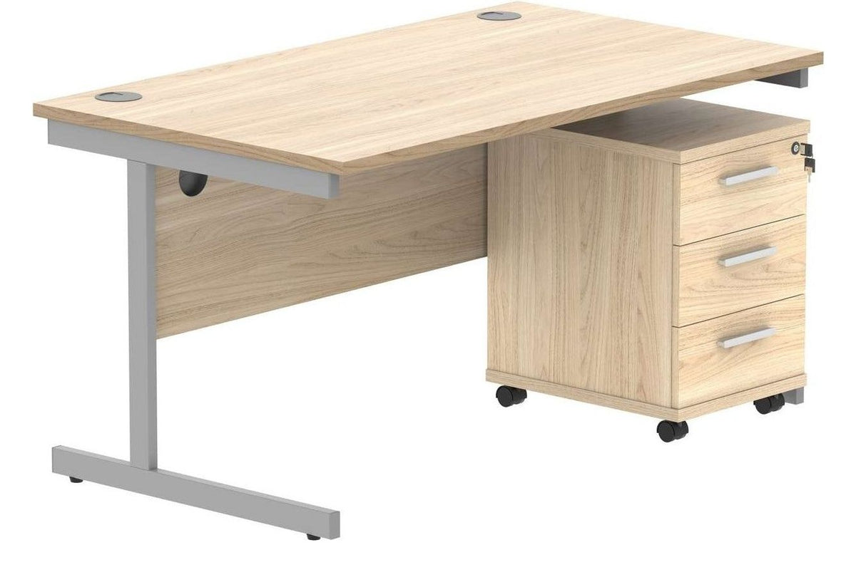Core Single Upright Desk with 3 Drawer Mobile Pedestal in Canadian Oak