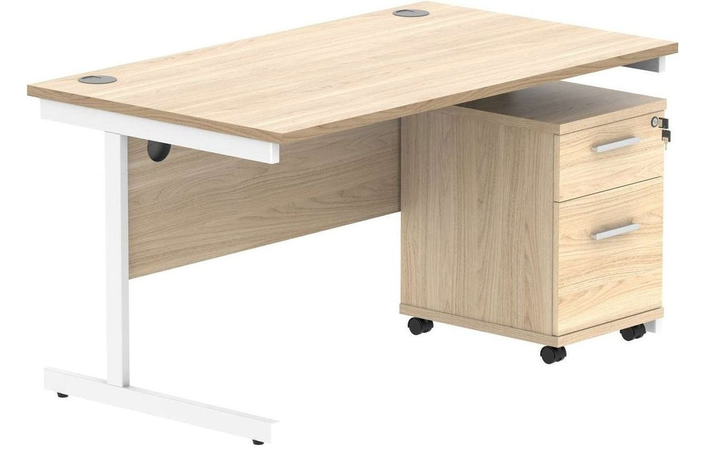 Core Single Upright Desk with 2 Drawer Mobile Pedestal in Canadian Oak