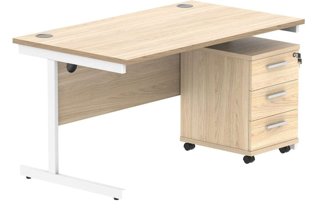 Core Single Upright Desk with 3 Drawer Mobile Pedestal in Canadian Oak
