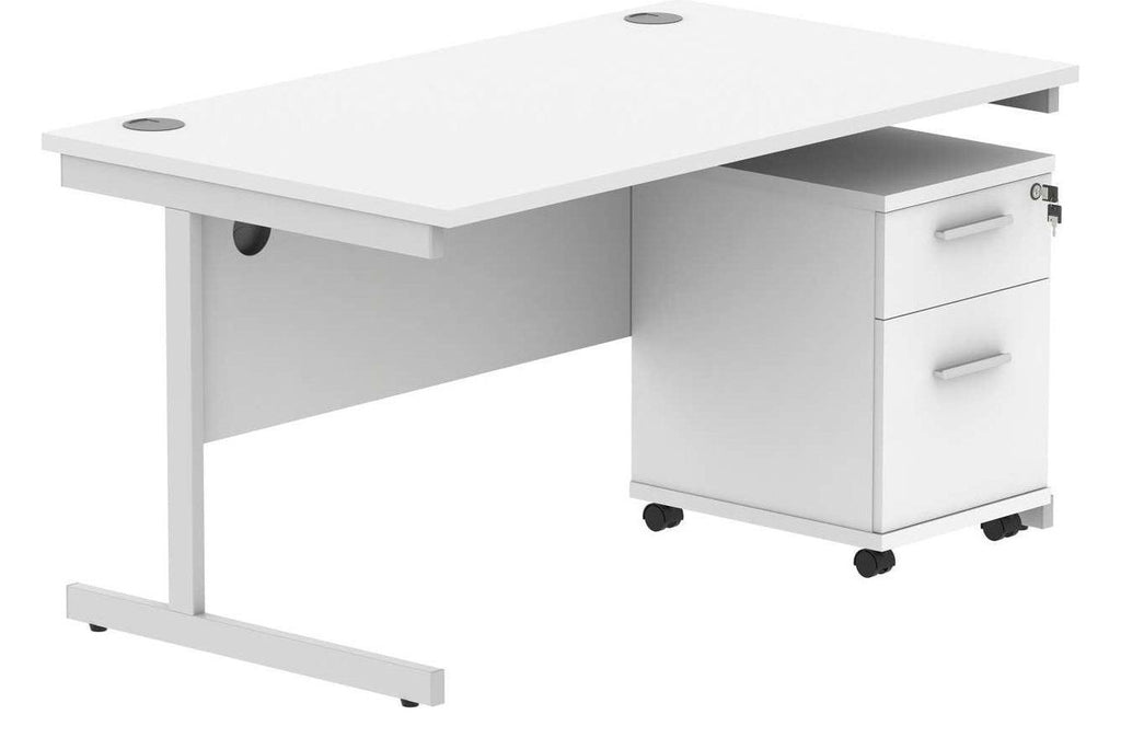 Core Single Upright Desk with 2 Drawer Mobile Pedestal in Arctic White