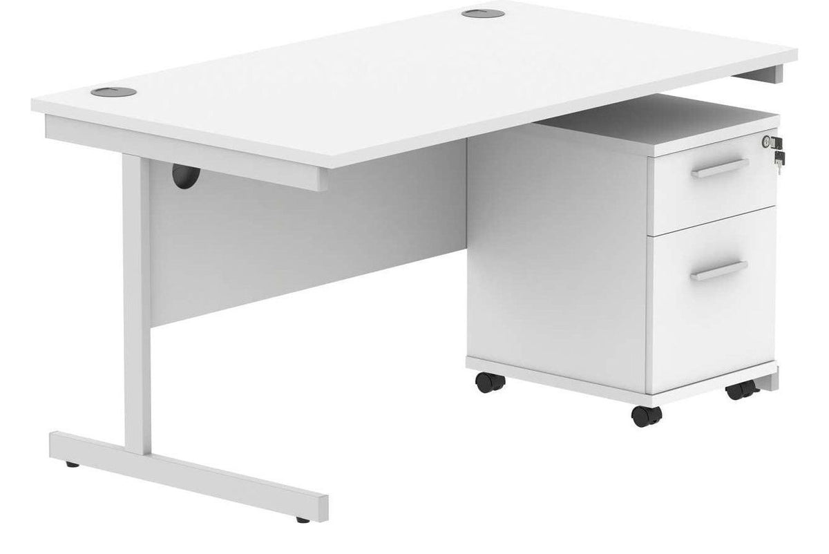 Core Single Upright Desk with 2 Drawer Mobile Pedestal in Arctic White