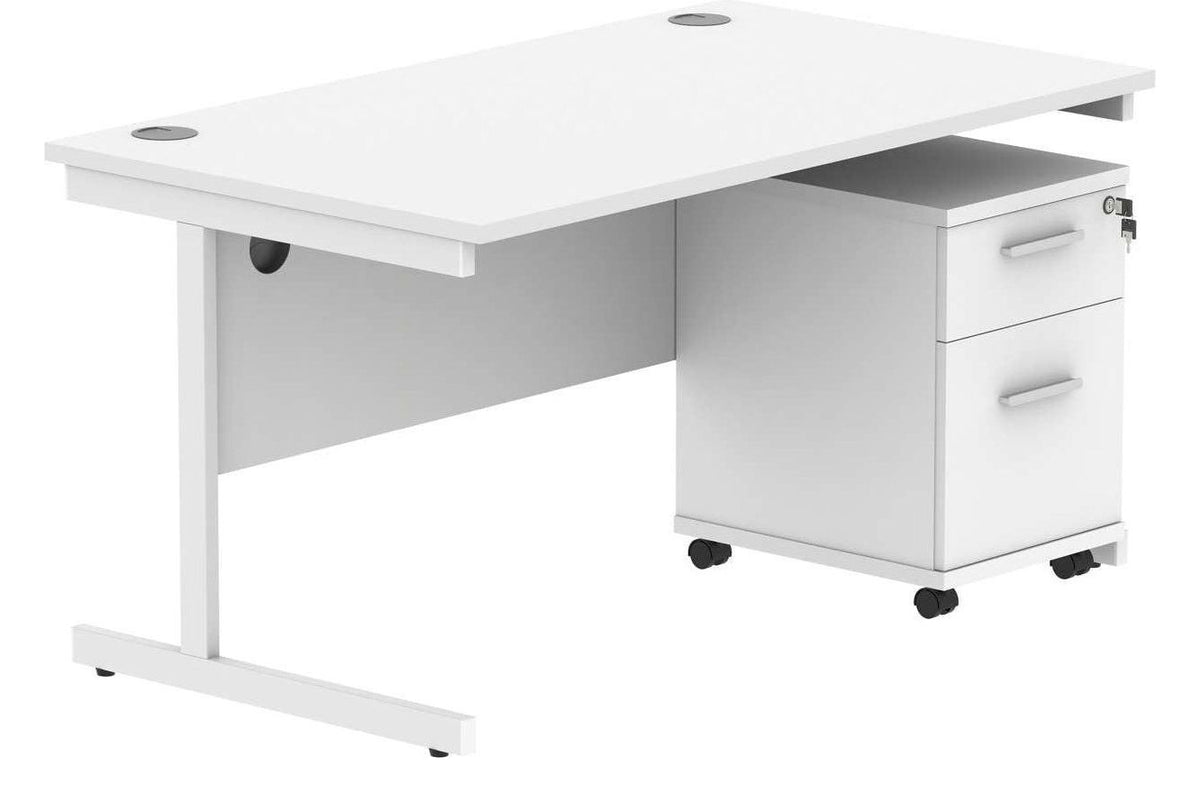 Core Single Upright Desk with 2 Drawer Mobile Pedestal in Arctic White