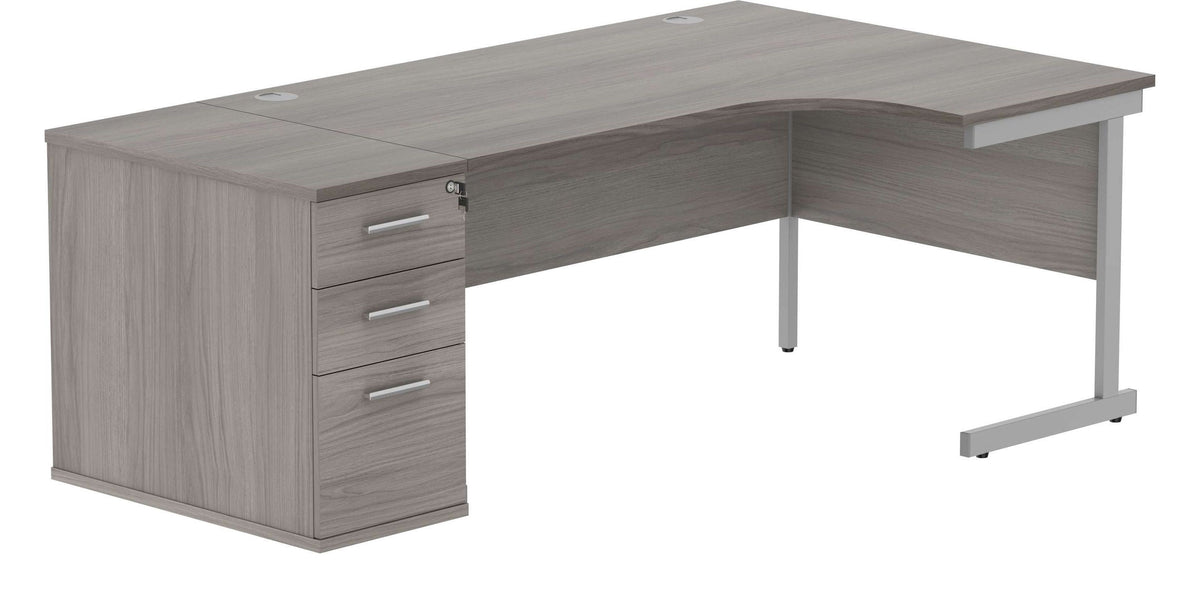 Core Single Upright Radial Desk with 800mm Deep Desk High Pedestal (Right hand) in Alaskan Grey Oak