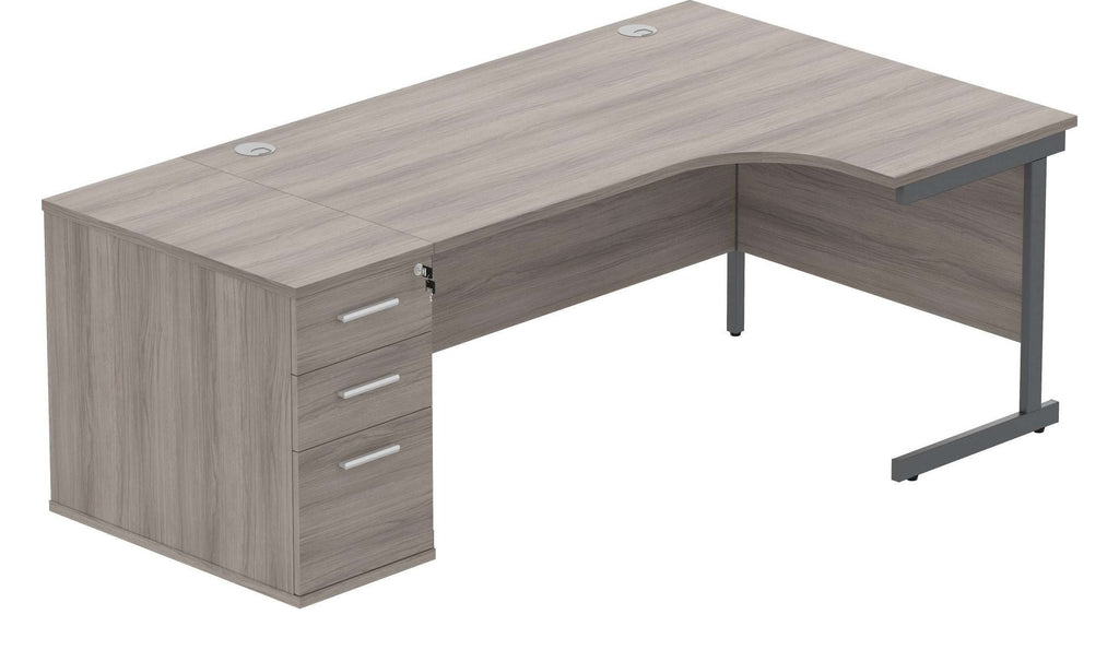 Core Single Upright Radial Desk with 600mm Deep Desk High Pedestal (Right hand) in Alaskan Grey Oak