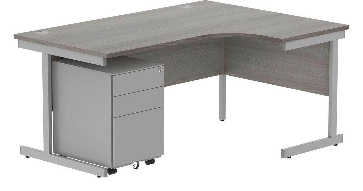 Core Single Upright Radial Desk with 3 Drawer Steel Pedestal (Right hand) in Alaskan Grey Oak