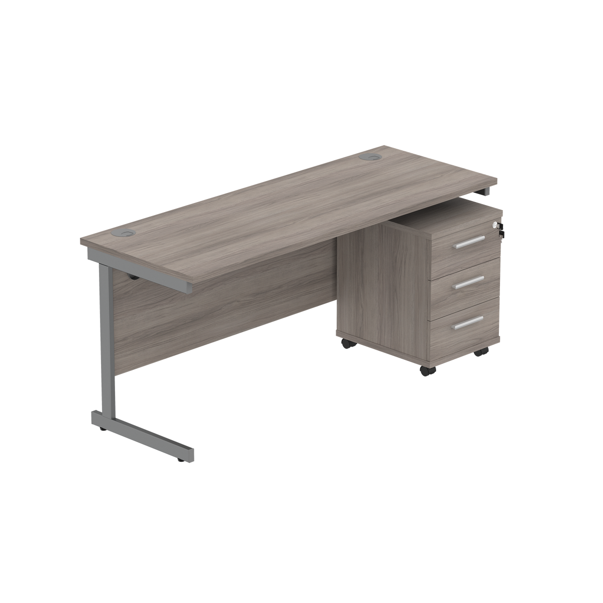 Core Single Upright Desk with 3 Drawer Mobile Pedestal in Alaskan Grey Oak