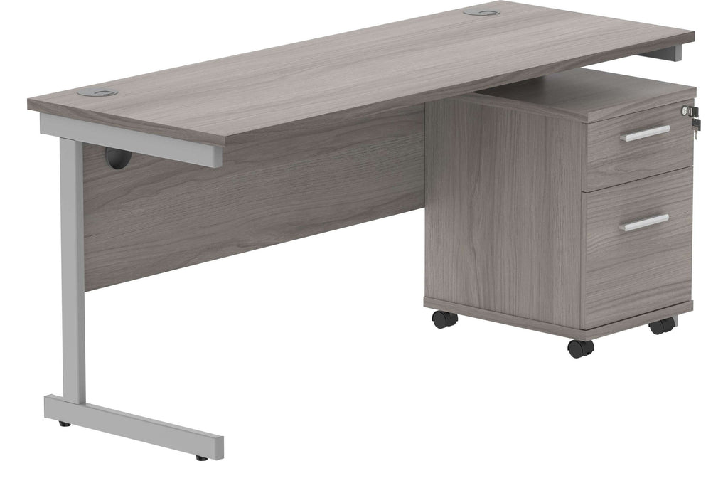 Core Single Upright Desk with 2 Drawer Mobile Pedestal in Alaskan Grey Oak