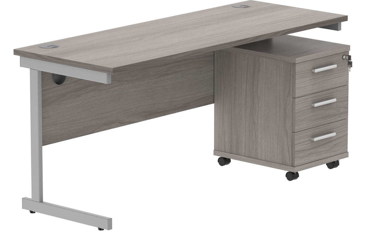 Core Single Upright Desk with 3 Drawer Mobile Pedestal in Alaskan Grey Oak