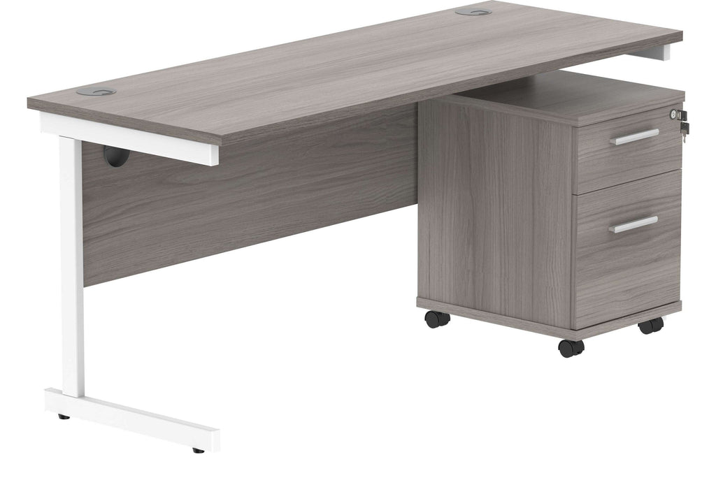 Core Single Upright Desk with 2 Drawer Mobile Pedestal in Alaskan Grey Oak