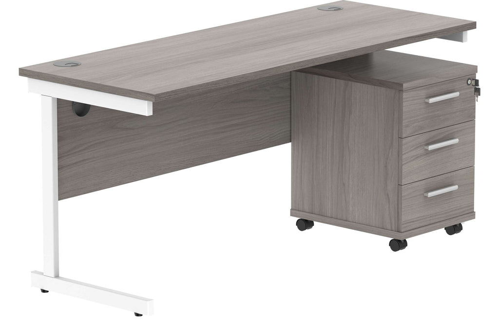 Core Single Upright Desk with 3 Drawer Mobile Pedestal in Alaskan Grey Oak